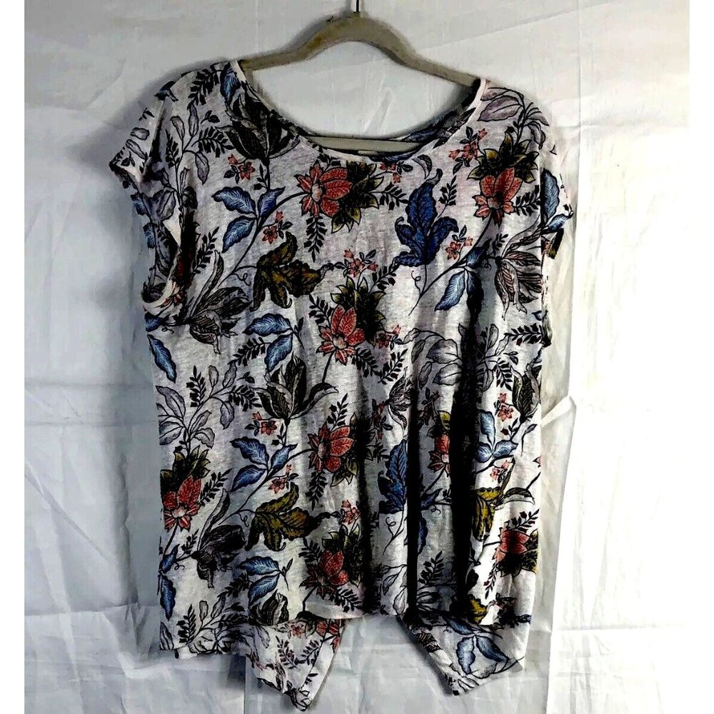 Rachel Zoe XL 100% Linen Pastel Floral Button Back Short Sleeve Shirt